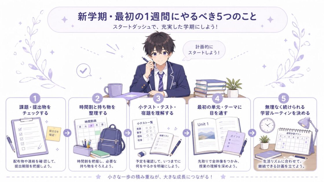高校生の新学期の最初の1週間でやること5つを示す図