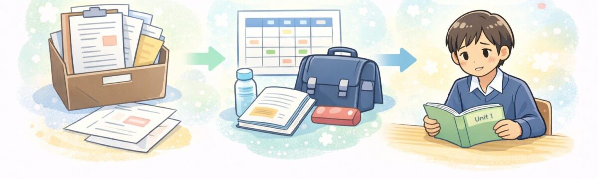 新学期の最初の1週間で提出物と時間割と教科ごとの最初の単元を見る流れを示した挿絵