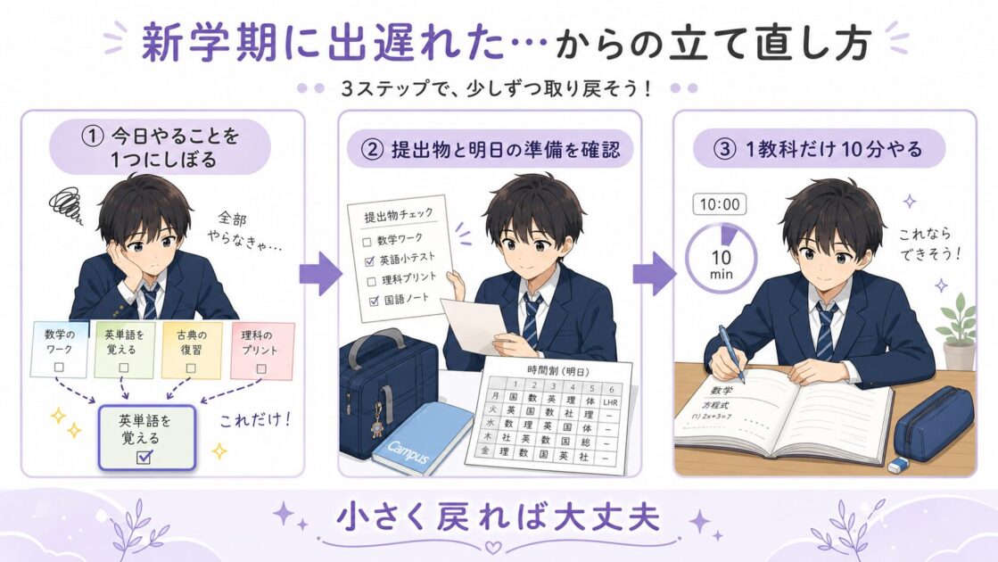 高校生が新学期に勉強の流れを崩したあと立て直す3ステップを示す図