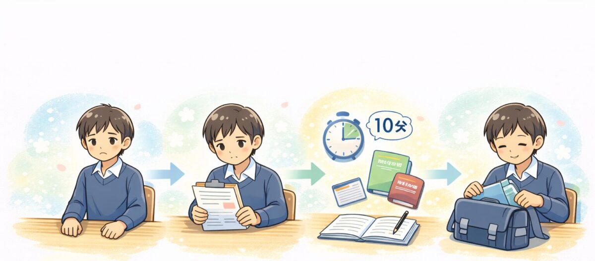 新学期の勉強が崩れた時に机に座る、提出物を確認する、10分だけ復習する、明日の準備をする流れを示した挿絵