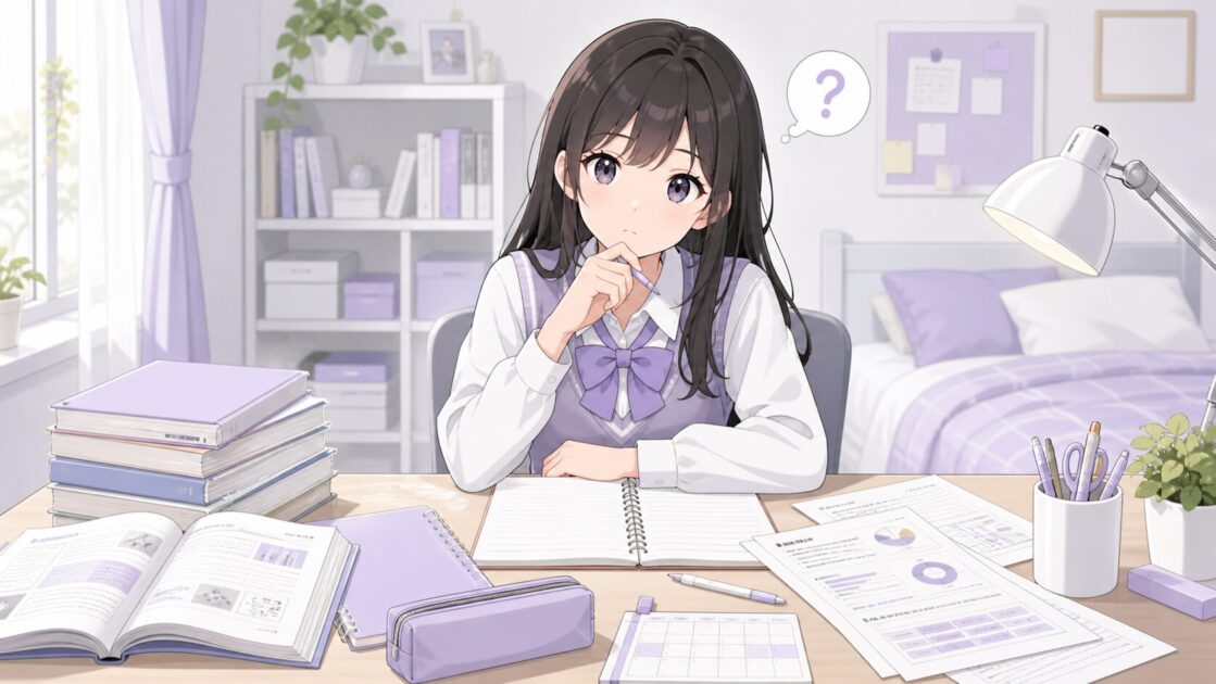 新学期に何から勉強を始めればよいか迷っている高校生の様子を示す挿絵