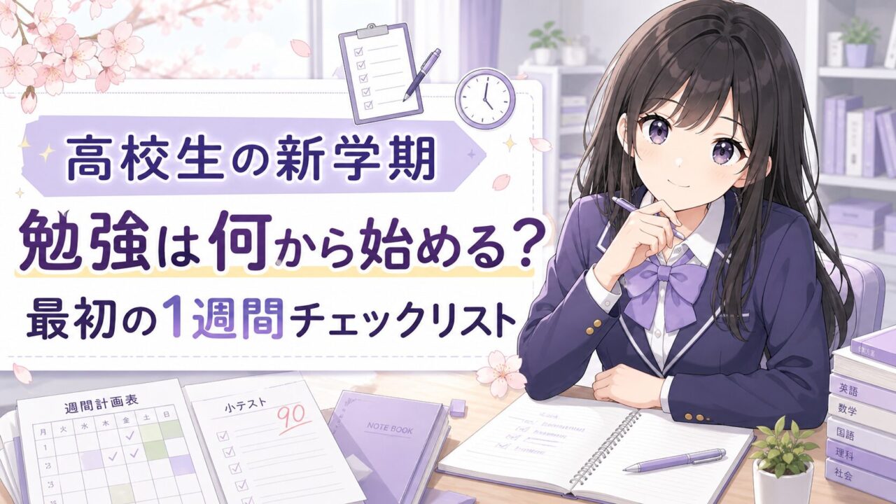 高校生の新学期に勉強を何から始めるかを、チェックリストと学習道具で分かりやすく示したアイキャッチ