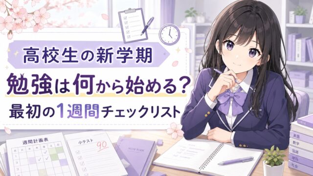 高校生の新学期に勉強を何から始めるかを、チェックリストと学習道具で分かりやすく示したアイキャッチ