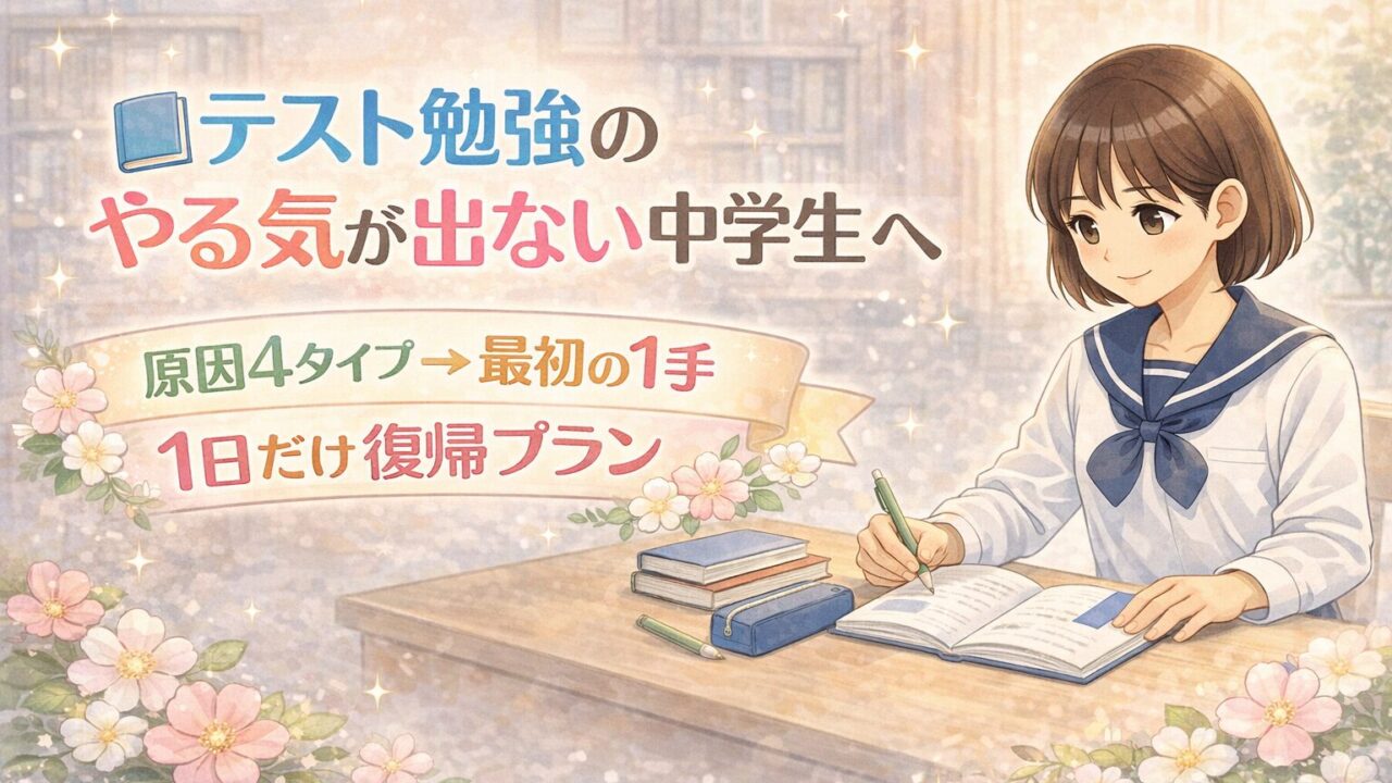 テスト勉強のやる気が出ない中学生に向けて、原因4タイプと最初の1手、1日だけ復帰プランをやさしく示すアイキャッチ