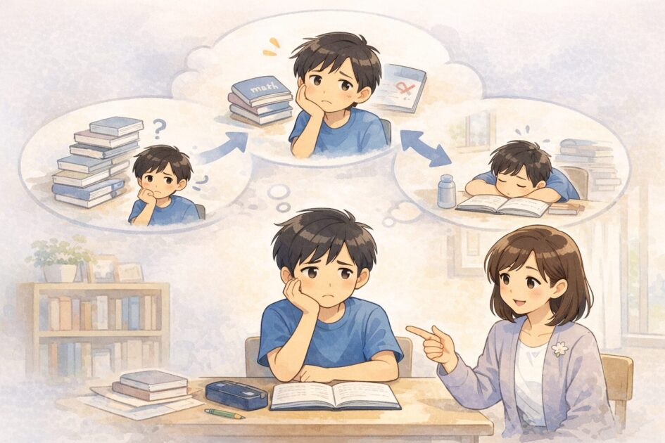 やることが大きすぎる、苦手を避けたくなる、疲れて決められないという3つの理由を図で示した挿絵