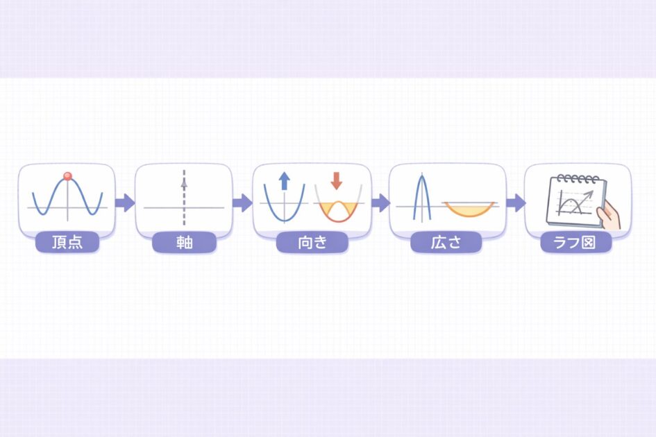 二次関数のグラフを頂点、軸、向き、広さ、ラフ図の順に確認する流れを示した図