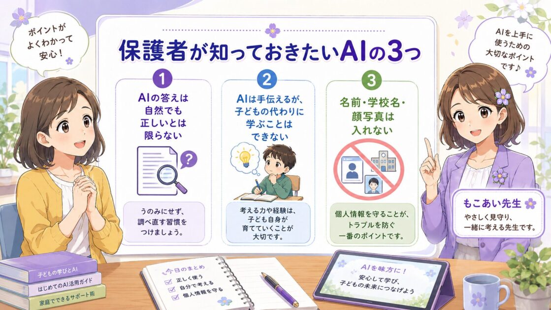 保護者が知っておきたいAIの基本として、間違うことがある、代わりに学ぶことはできない、個人情報を入れないことを示した図