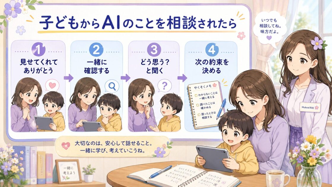 子どもからAIのことを相談されたときに、受け止める、一緒に確認する、自分の考えを聞く、次の約束を決める4ステップを示した図