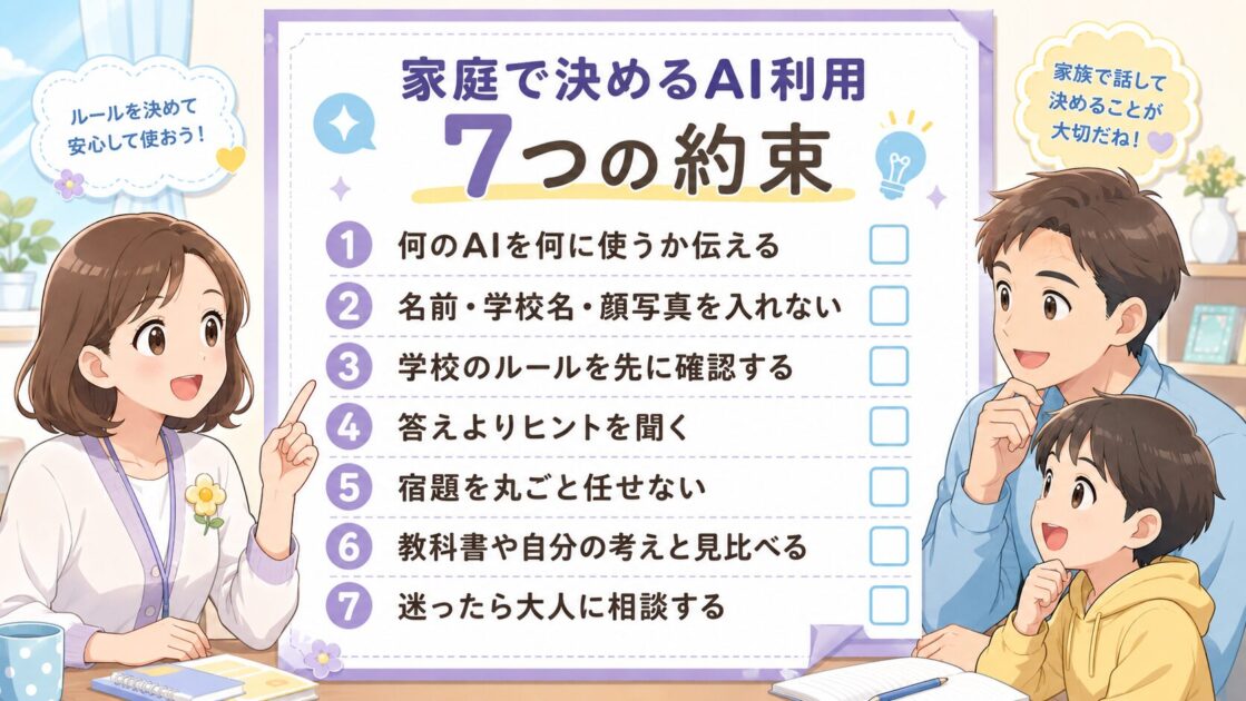 家庭で決める子どものAI利用7つの約束を、保護者と子どもが確認できる保存用シート