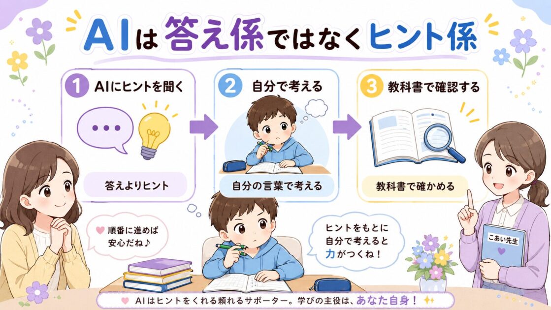 AIに答えを丸ごと聞くのではなく、ヒントを受け取り、自分で考え、教科書で確認する流れを示した図