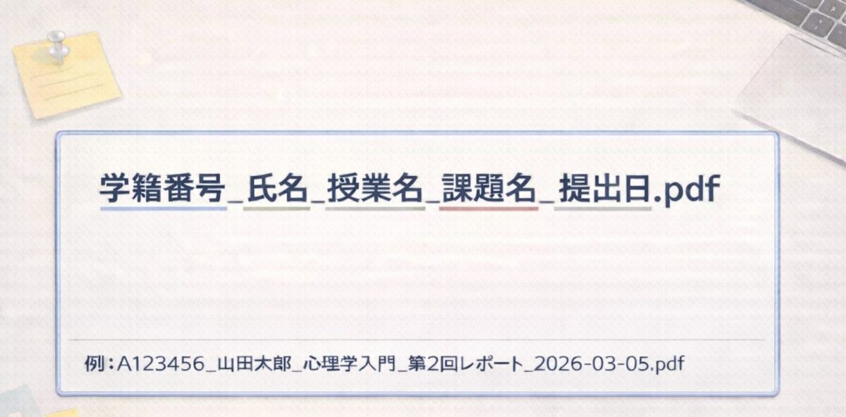 学籍番号と氏名と授業名と課題名と提出日で作るファイル名テンプレを示し提出ミスを防ぐ図