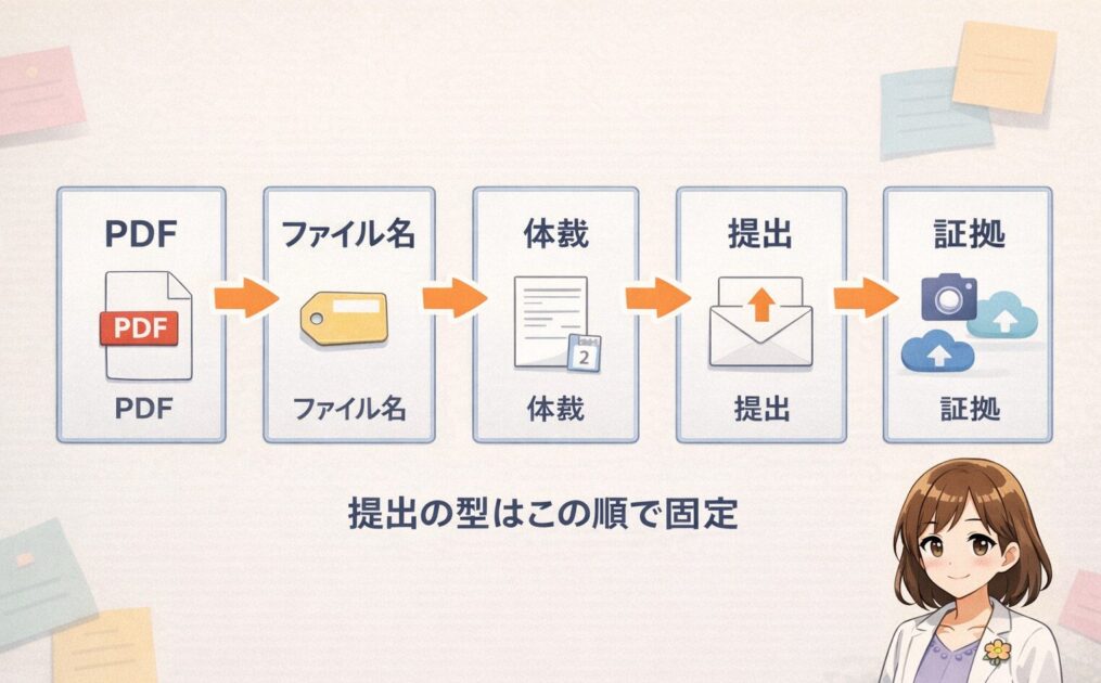 PDF化から命名と体裁確認と提出と証拠保存までの流れを矢印で示し大学の課題提出の手順を分かりやすくする図