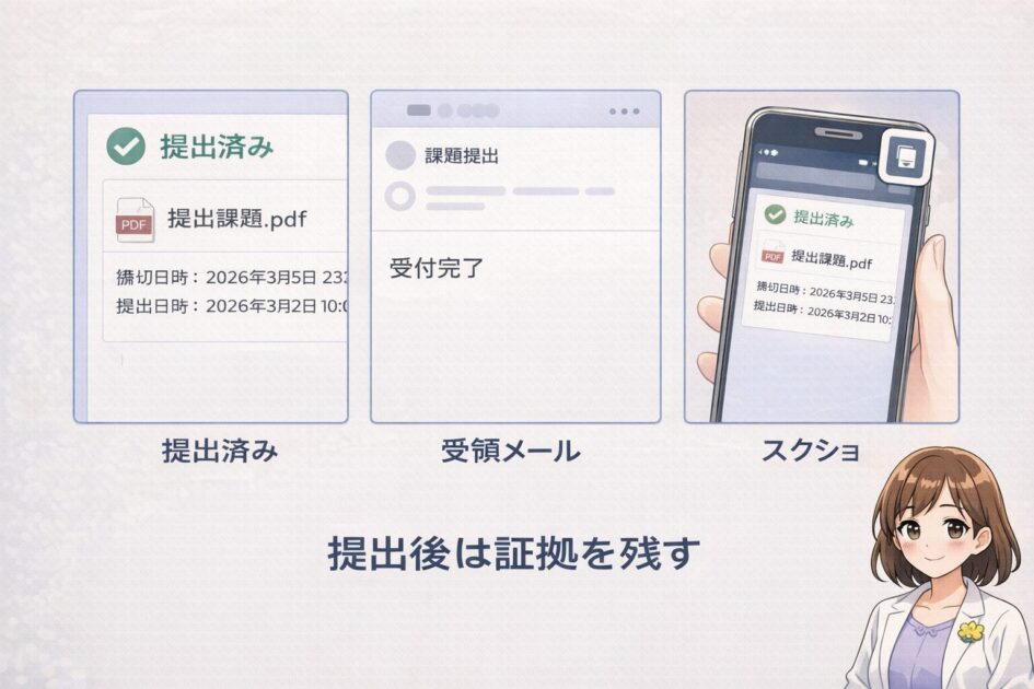 提出済み表示と受領メールと送信履歴スクショの三つで提出の証拠を残す方法を示し未提出扱いを防ぐ図