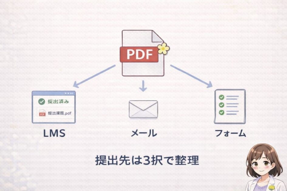 課題の提出先がLMSとメールとフォームの三択に分かれることを示し取り違えを防ぐ図