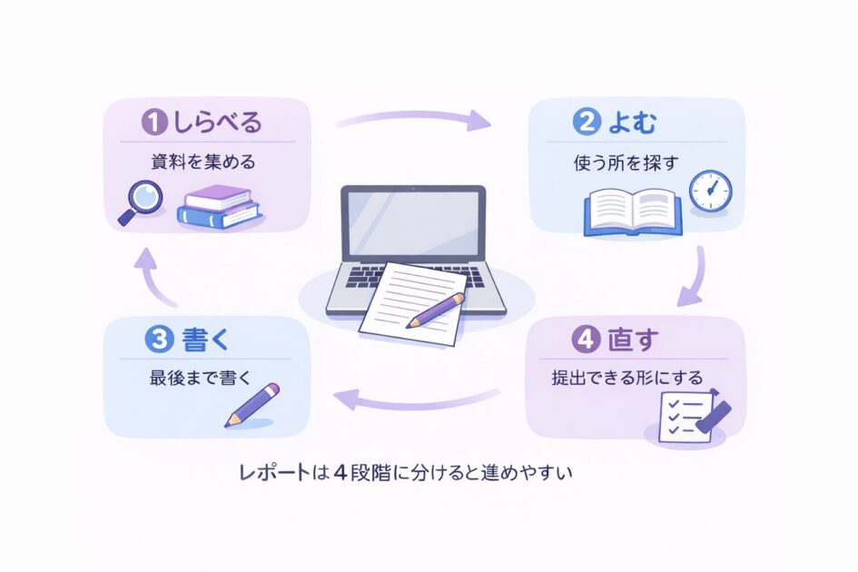 倧åŠã¬ããŒãã調ã¹ãã»èªãã»æžãã»çŽãã®4段éã§é²ããæµãã瀺ãå³