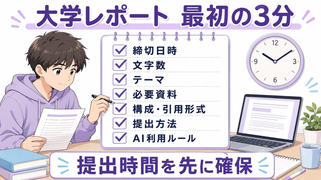 大学レポートを始める前に締切日時・文字数・必要資料・構成・提出方法・AI利用ルールを確認する図