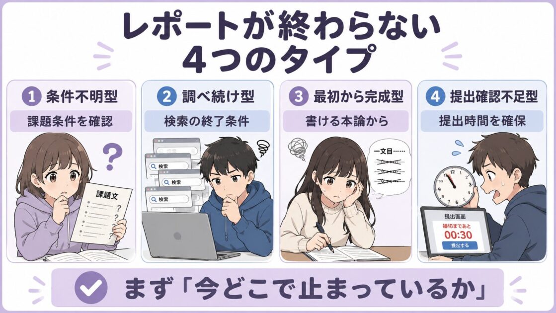 大学レポートが進まない原因を条件不明型・調べ続け型・最初から完成型・提出確認不足型の4つに分けた図