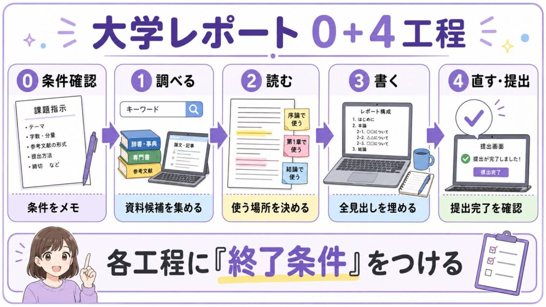 大学レポートを条件確認・調べる・読む・書く・直す提出の順に進める0＋4工程の図