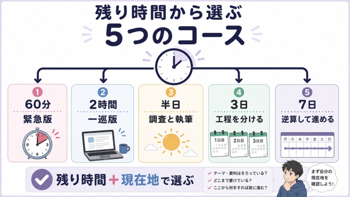 大学レポートの残り時間に応じて60分・2時間・半日・3日・7日のコースを選ぶ図