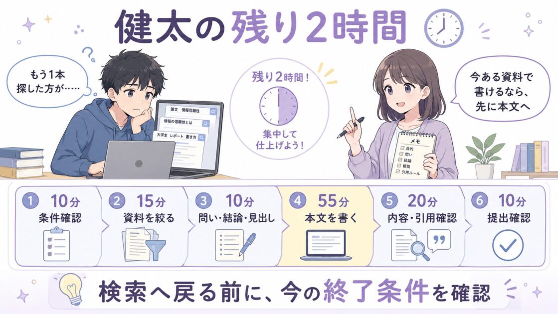 残り2時間の健太が恵子と課題条件・資料・構成・本文・引用・提出の順でレポートを立て直す図