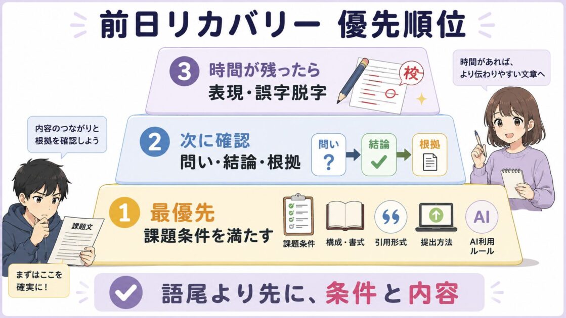 大学レポート前日の確認を課題条件・問いと結論・文章表現の3段階に分けた優先順位の図