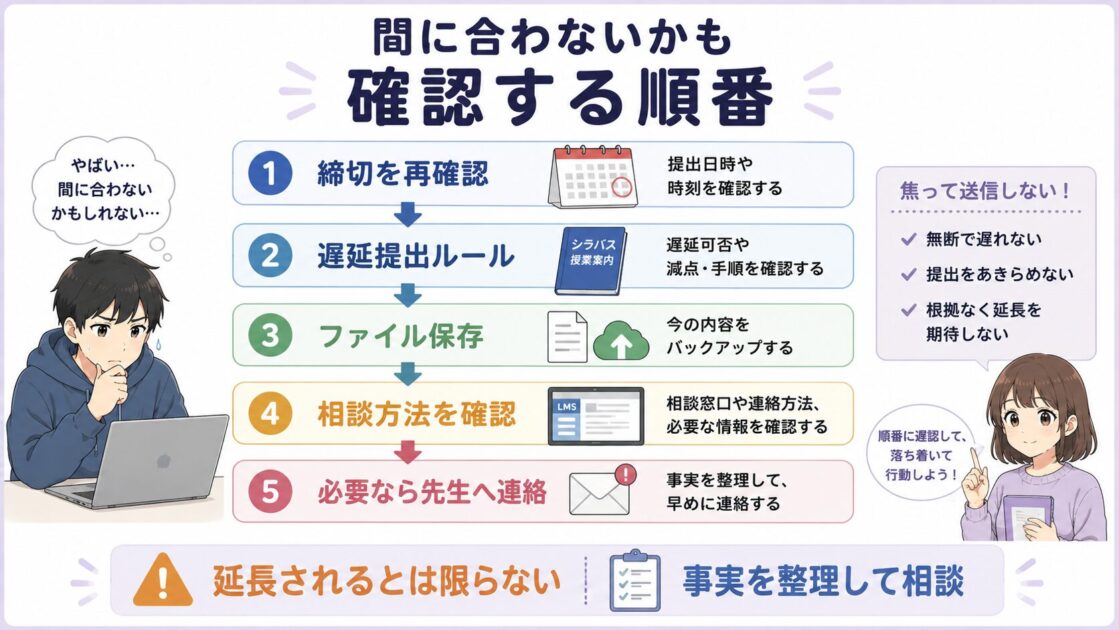 大学レポートが締切に間に合わない可能性があるときに締切・遅延ルール・保存・相談方法・先生への連絡を確認する図