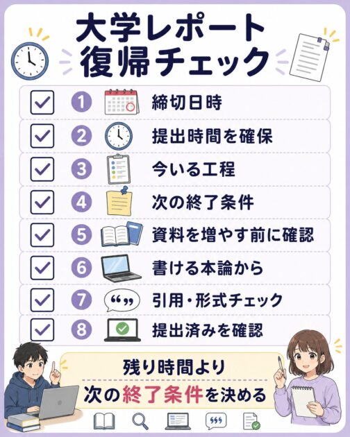 大学レポートが止まったときに締切・現在地・終了条件・引用・提出を確認するスクショ保存用チェック