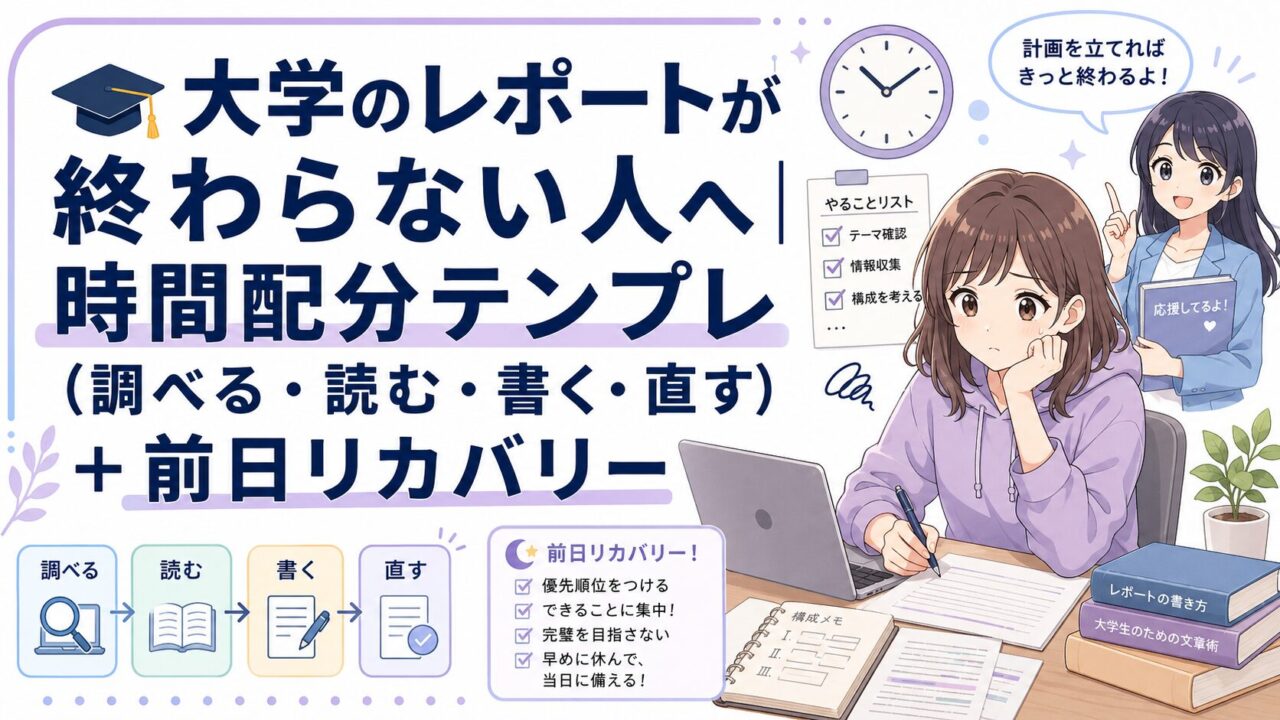 大学のレポートが終わらない人向けに、時間配分テンプレと前日リカバリーを紹介するアイキャッチ画像