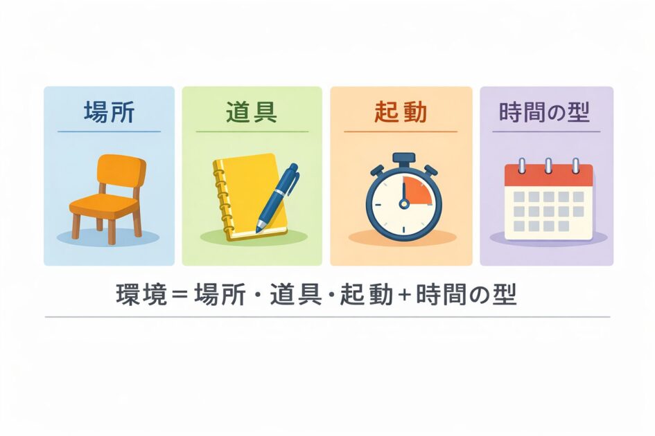 倧åŠçã®å匷ç°å¢ãå Žæã»éå
·ã»èµ·åã»æéã®åã®4èŠçŽ ã§ç€ºãã«ãŒãå³