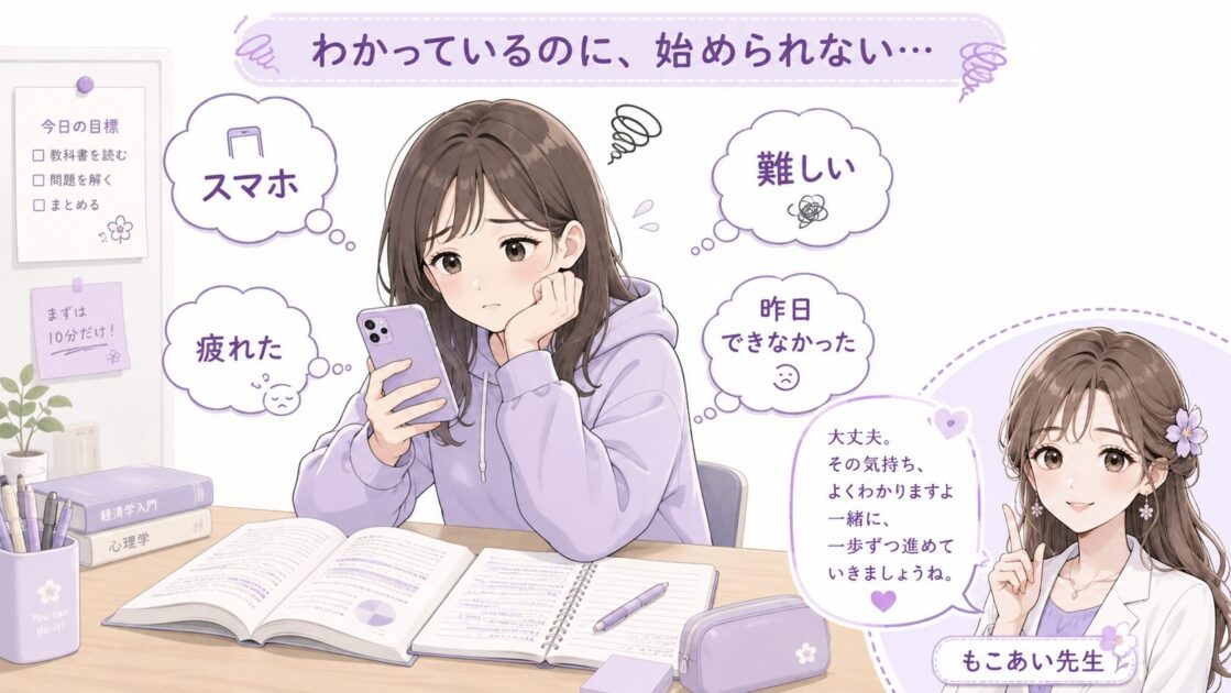 大学生が勉強を始めようとしてもスマホや疲れで止まってしまう様子の挿絵