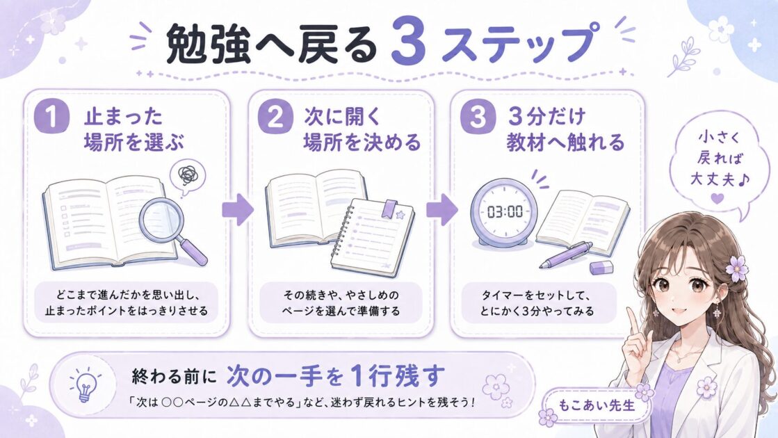 大学生が勉強へ戻るための3ステップを示した図解