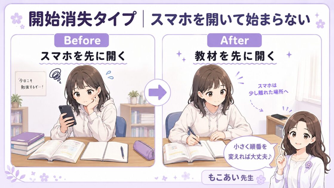 スマホを先に見てしまう大学生が教材を先に開く流れへ変える図