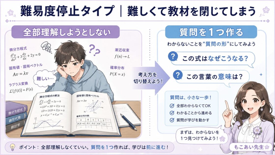 教材が難しくて止まる大学生が質問を1つ作って戻るための図解