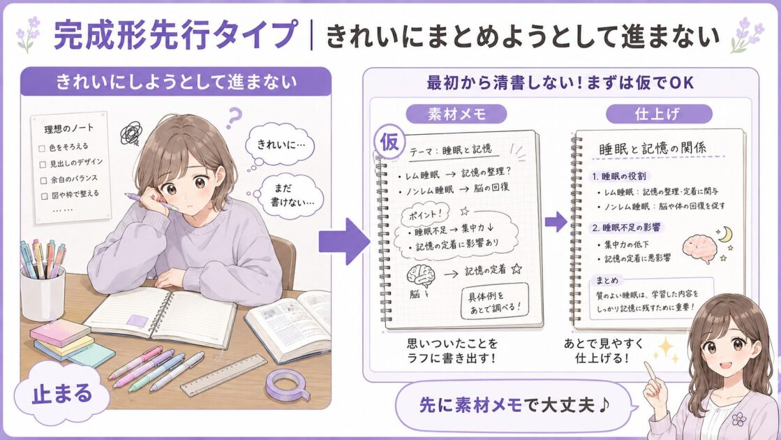 完璧なノート作りで止まる大学生に向けて素材メモと仕上げを分ける図