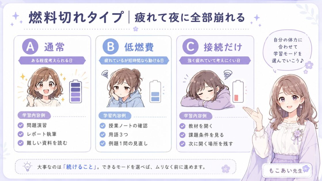 疲れて勉強できない大学生向けにA・B・Cの3段階学習モードを示した図