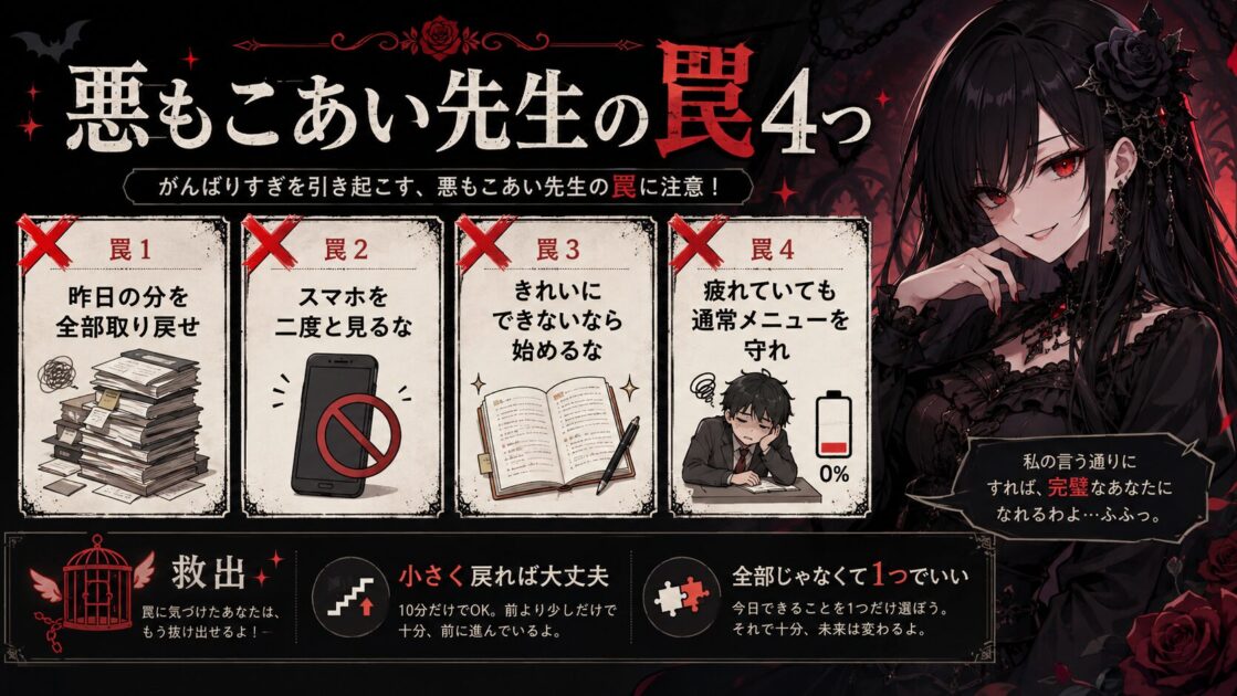 復帰を遠ざける4つの危ない考え方を悪もこあい先生が示す挿絵