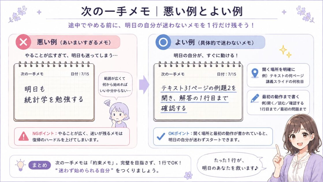 次の一手メモの悪い例とよい例を比較した図解