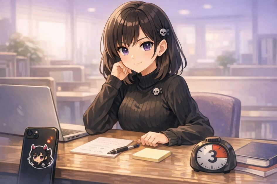 大学生が勉強を始めようとしてスマホの誘惑に引き込まれそうになる場面を示し、勉強がおろそかになる瞬間5選の理解を助ける挿絵