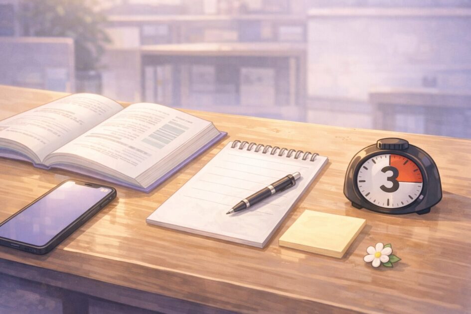 1分で復帰するための3項目チェックを机上の道具で示し大学生の勉強再開を助ける図