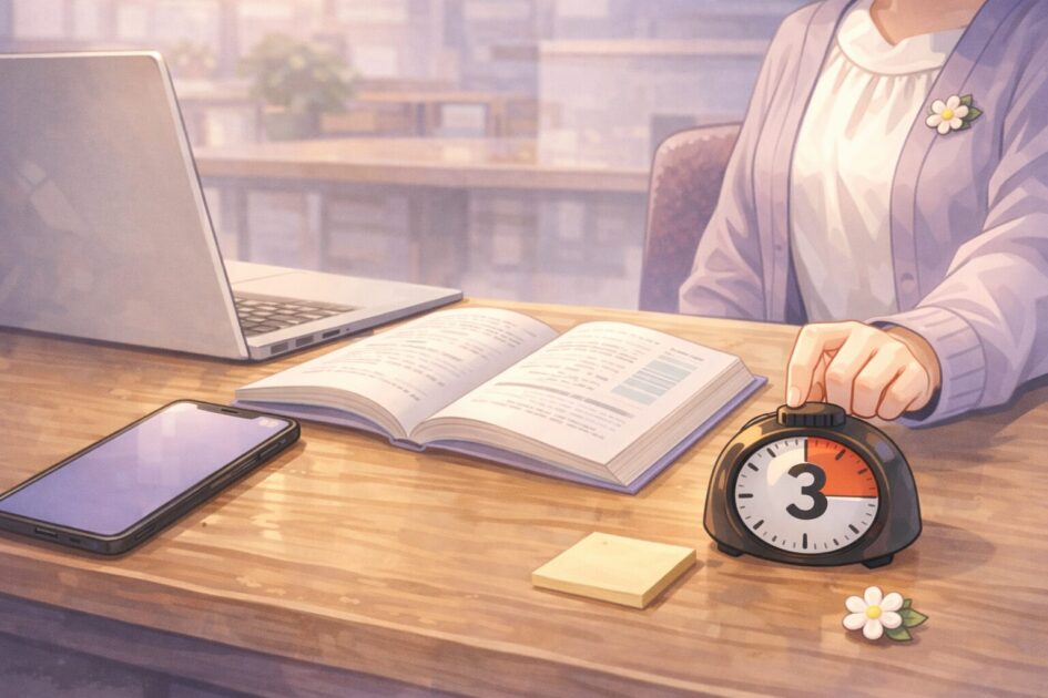 机に座り教材を開いてタイマーを押すだけで復帰できることを示し勉強の再開を助ける図