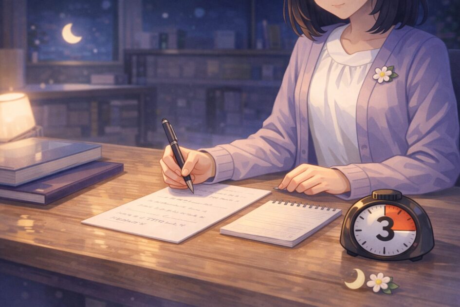 夜は復習を1枚だけにして連続性を守る学習方法を示し大学生の継続を助ける図