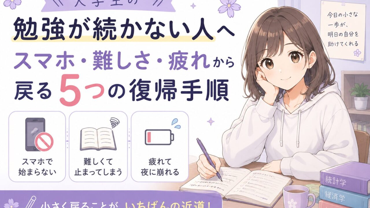 大学生がスマホ・教材の難しさ・疲れから勉強へ戻る5つの復帰手順を紹介するアイキャッチ画像