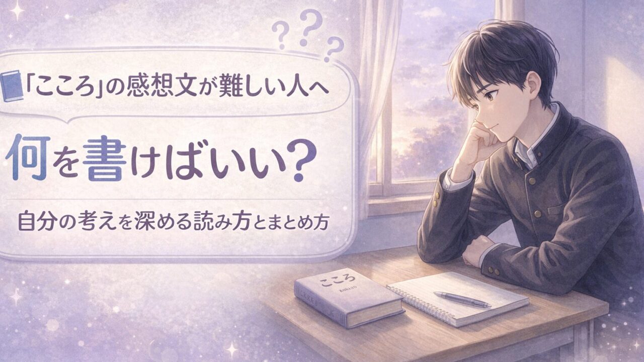 『こころ』の感想文に何を書けばよいか悩みながら自分の考えを深めようとしている生徒を表したアイキャッチ