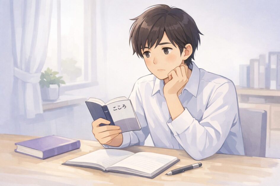 『こころ』を読んだあと感想文に何を書けばよいか悩みながらノートを前に考えている生徒の挿絵