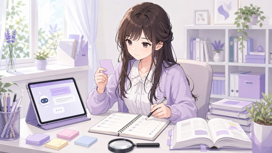 恵子が情報を信じる前に日付・発信元・根拠をチェックリストで整理している場面