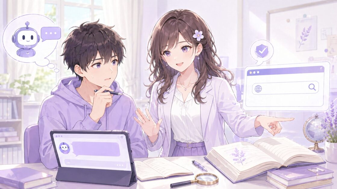 健太がAIの答えをそのまま使いそうになり、もこあい先生が検索や本で確認する大切さを伝えている場面