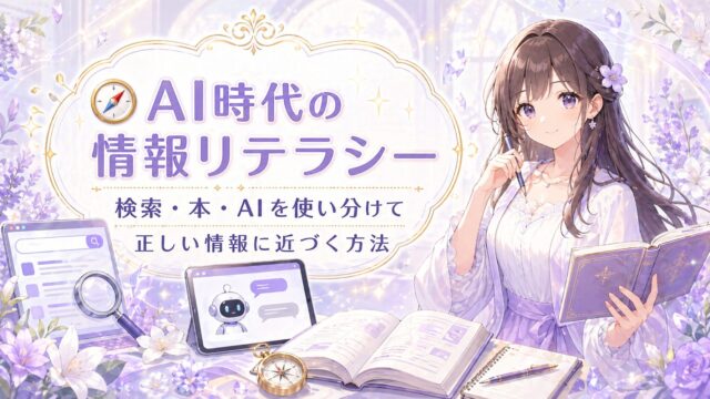 AI時代の情報リテラシーとして検索・本・AIを使い分けて正しい情報に近づく方法を示すアイキャッチ