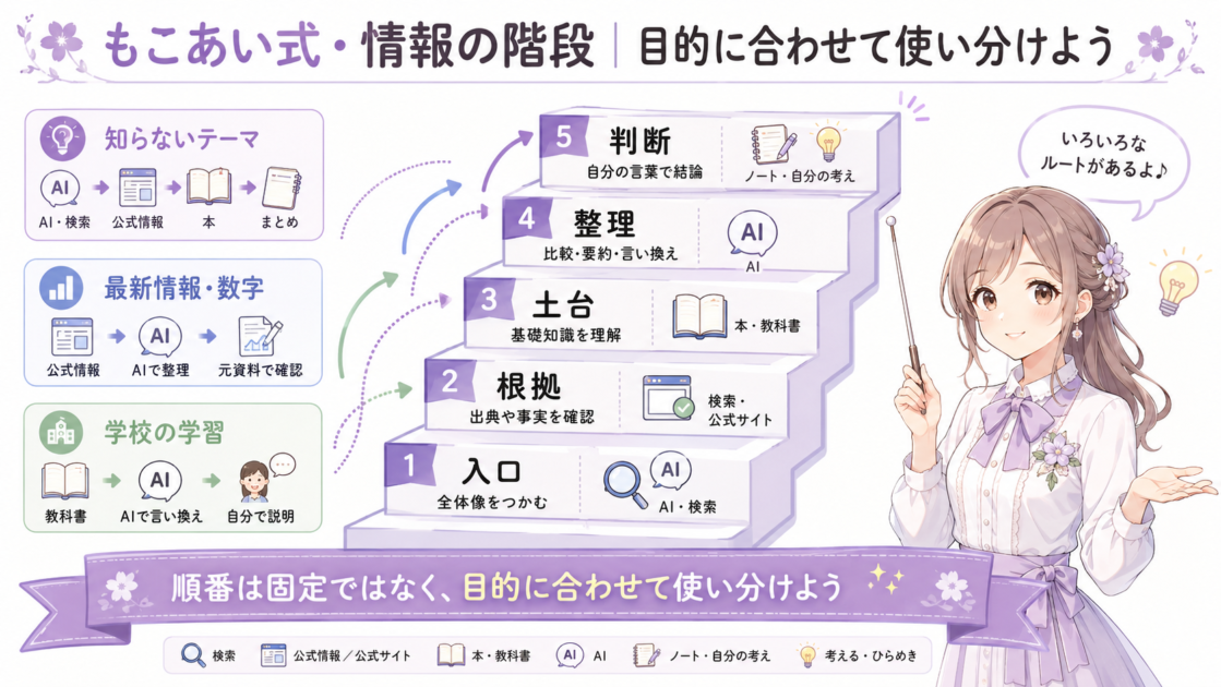 もこあい式・情報の階段。AI・検索・本を目的に合わせて使い分ける流れを示した図