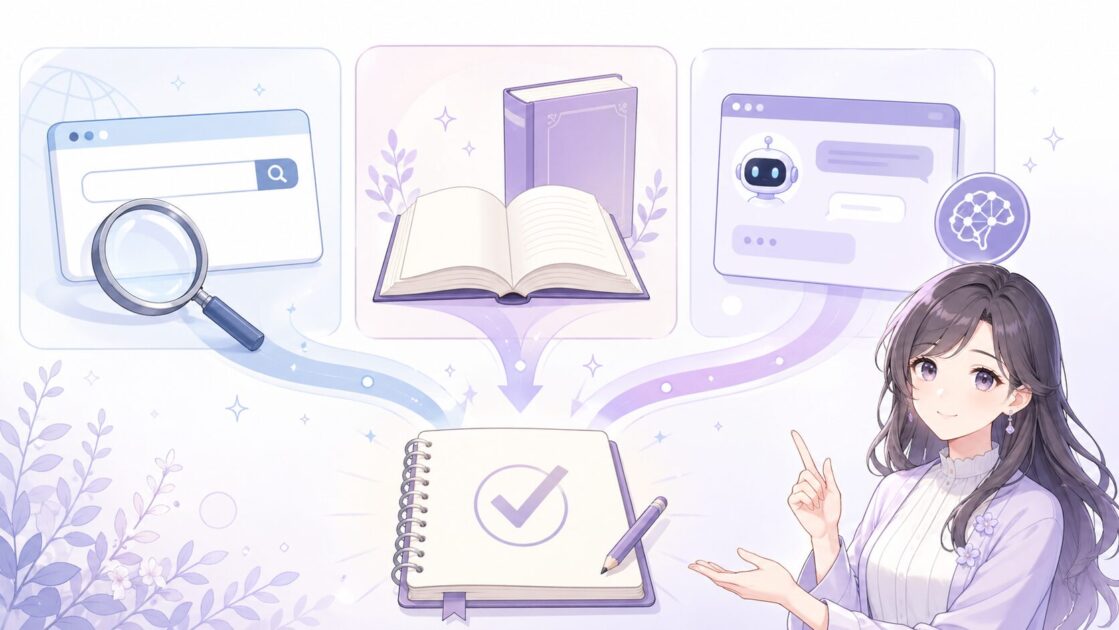 検索は出典確認、本は基礎理解、AIは整理に役立つことを示す使い分け図