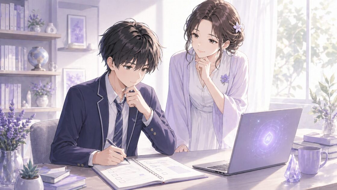 AIに任せすぎていないかチェックリストを見ながら自分の使い方を振り返る学習者の挿絵